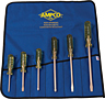 A screwdriver kit consisting of six screwdrivers with clear, fluted handles, displayed on a blue fabric tool roll with slots for each one. The tool roll has the "AMPCO USA" logo in the upper center, with notes under the logo indicating non-sparking, non-m